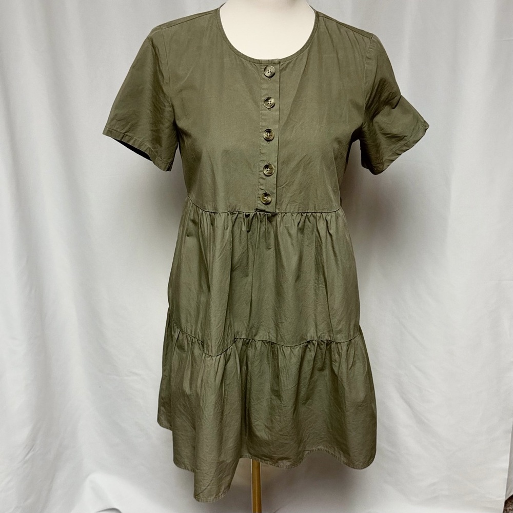 Madewell Olive Green Tiered Cotton Button-Front Babydoll Mini Dress XS - Picture 3 of 7